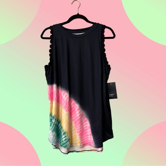 NWT Crown & Ivy Navy Sleeveless Athletic Tank w/Pink/Yellow/Green Tie Dye Arc - Picture 7 of 15